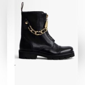 Zadig & Voltaire Joe Cecilia leather combat moto boots with gold chain New